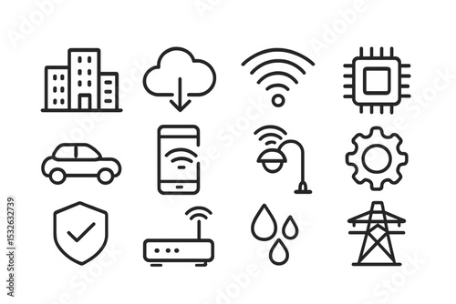 Technology icons set: buildings, cloud, wi-fi, chip, car, smartphone, lamp, shield, router, water, power vector icon illustration