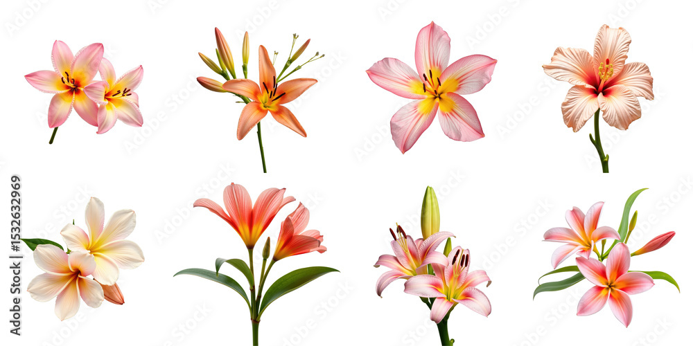 Obraz premium Collection of eight exotic flowers featuring a variety of colors and shapes against a transparent background showcasing detailed textures and vibrant hues.
