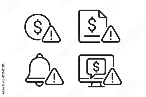 Financial alert icons collection with exclamation marks on textured background vector icon illustration