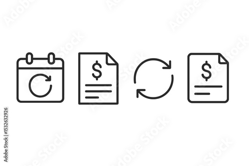 Recurring payment concept icons: calendar, invoice, and synchronization symbols vector icon illustration