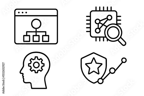 Digital icons: hierarchy, analytics, machine learning, cybersecurity vector icon illustration