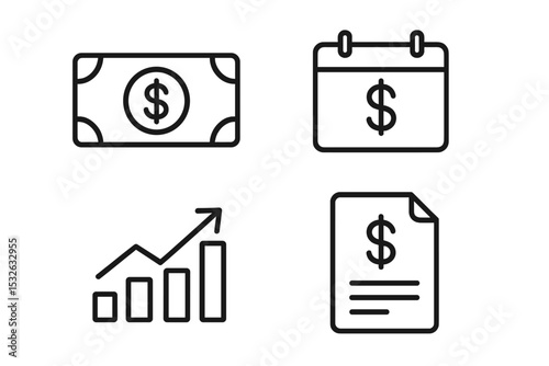 Finance icons set: money, calendar, graph, document with dollar signs vector icon illustration
