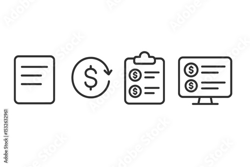 Financial icons: document, currency exchange, clipboard, monitor display vector icon illustration