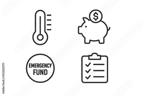 Financial icons of emergency fund, piggy bank, checklist, and thermometer vector icon illustration