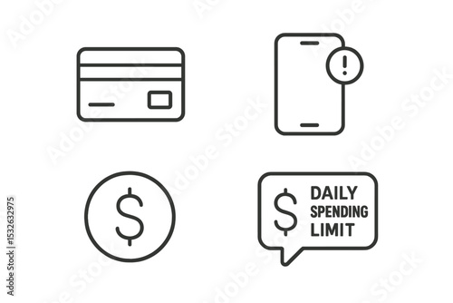 Minimalist icons of credit card, smartphone alert, dollar symbol, daily spending limit vector icon illustration