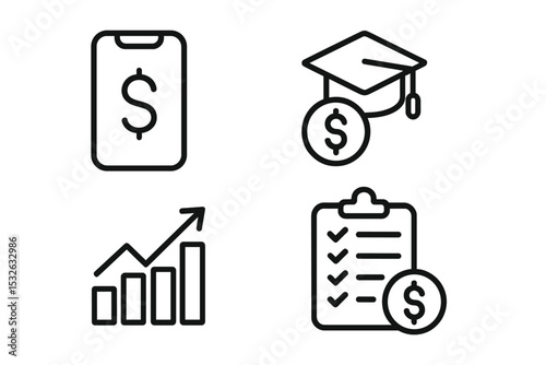 Financial icons: dollar, graph, graduation cap, checklist on dark background vector icon illustration