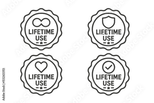 Set of lifetime use emblem icons - infinity, shield, heart, checkmark symbols on dark background vector icon illustration