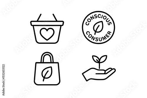 Sustainable shopping icons: conscious consumerism and eco-friendly design elements vector icon illustration