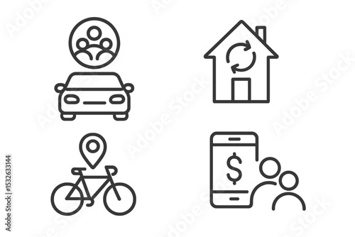 Black icons of car sharing, sustainable housing, bike gps, mobile payment on dark vector icon illustration