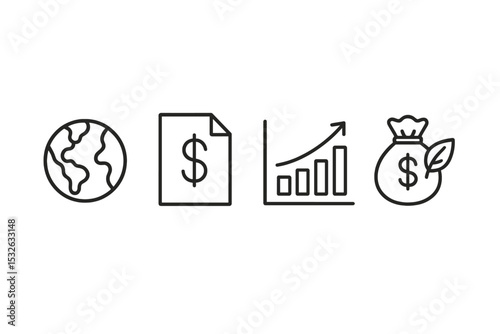 Black outline icons of earth, money, graph, and investment on gray background vector icon illustration