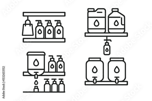 Hand sanitizer dispenser icons on shelves vector icon illustration
