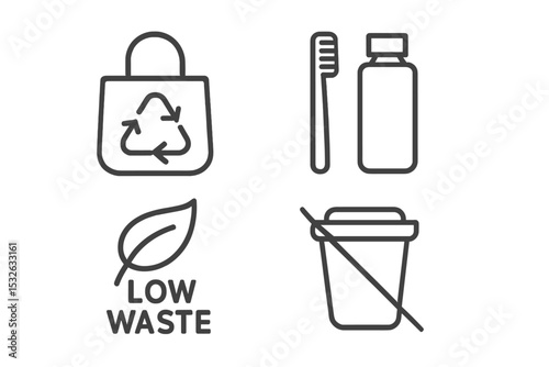 Minimalist eco-friendly icons: recycle, low waste, zero waste, sustainable vector icon illustration