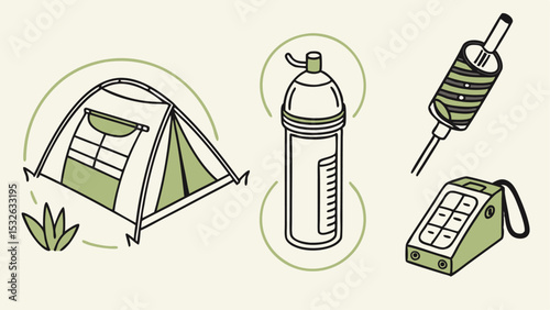 Illustration of camping gear including a tent water bottle first aid kit and a portable radio device