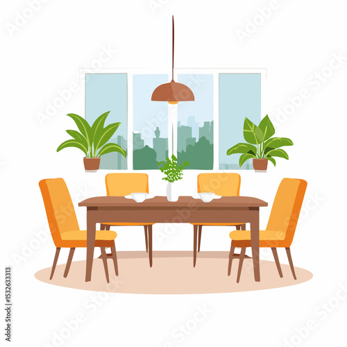 Modern Dining Room Design Table, Chairs, Plants, and City View