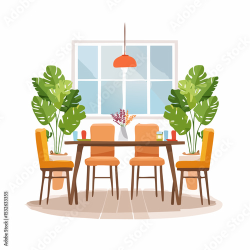 Illuminated Dining Room A Cozy Space with Table, Chairs, and Plants