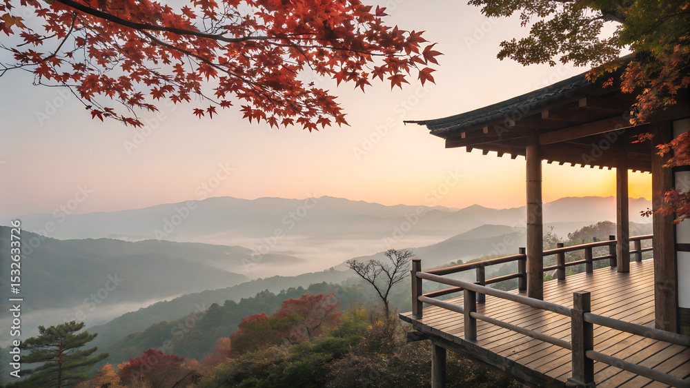 Fototapeta premium Traditional wooden terrace on the right side, overlooking a misty mountain valley at sunrise. Red maple leaves frame the top right corner, creating a serene and poetic autumn scene with soft pastel sk