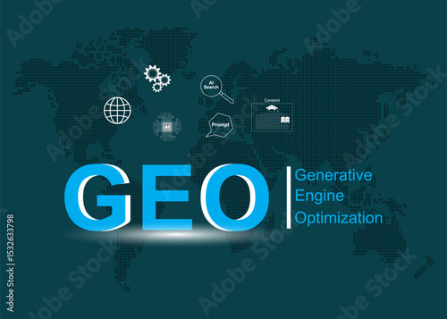 Generative Machine Optimization Concept. GEO word with search icon and content. To improve website's ranking.