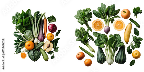 Fototapeta Naklejka Na Ścianę i Meble -  Assortment of organic fruits and vegetables including oranges, zucchinis, spinach, and eggplants arranged on a transparent background for culinary and health-themed presentations