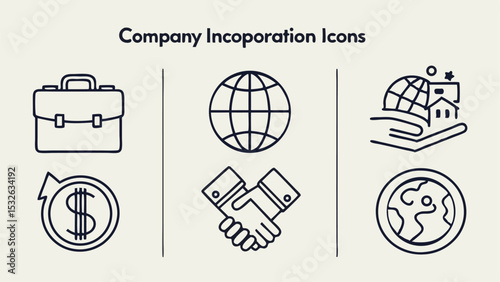 Illustration of company incorporation icons including a briefcase globe handshake and dollar sign symbol icon