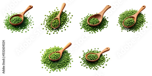 Wooden spoons with green lentils arranged on top of scattered lentil piles isolated on transparent background, showcasing various angles and perspectives of the spoons and lentils.