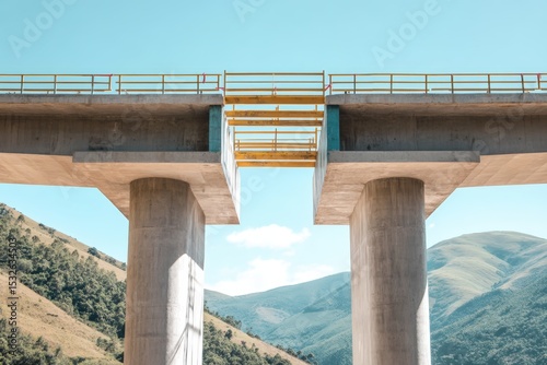 An incomplete concrete bridge with two large pillars stands against a backdrop of green hills and blue skies.