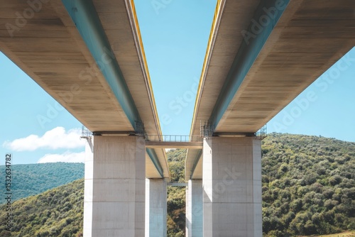 A view from beneath a modern concrete bridge spanning between two hills under a clear blue sky.