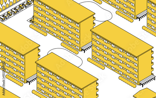 昔ながらの団地が並ぶ風景のシンプルな線画アイソメトリックイラスト