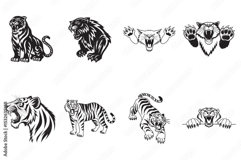 Obraz premium Collection of Diverse Tiger Illustrations in Black and White