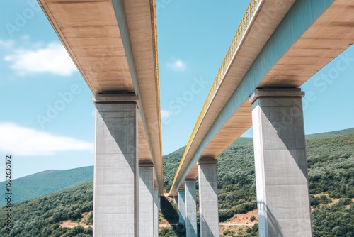 A low-angle view of two parallel concrete bridges spanning over a green mountainous landscape under a clear blue sky.