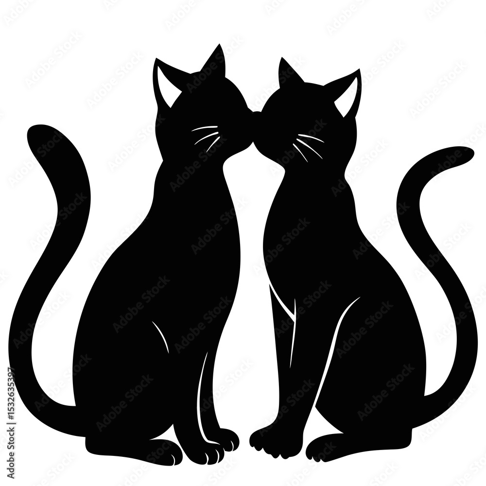 Fototapeta premium Two cat silhouettes rubbing against each other in affection, white background