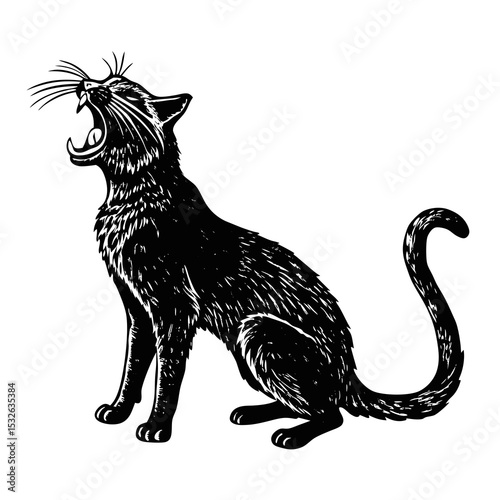 Silhouette of a cat yawning with arched back, isolated on white background