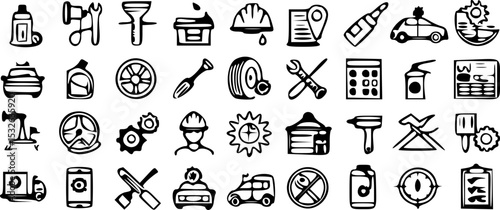 Car Maintenance and Repair Icon Set in Line Art Style