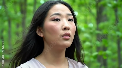 Beautiful asian woman expressing surprise or wonder in a forest setting outdoors
