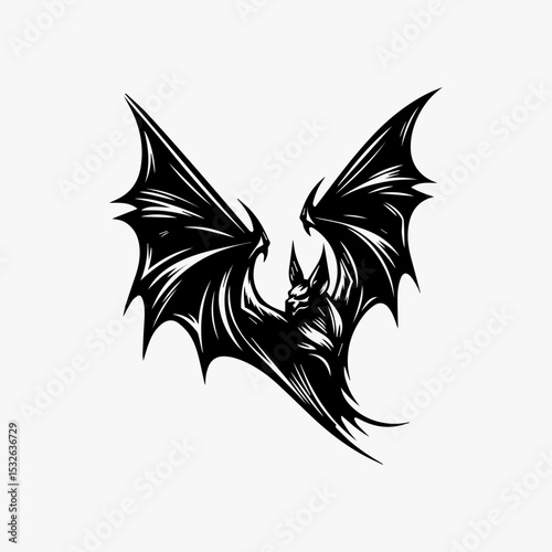 Gothic bat vector emblem featuring dramatic wing span with jagged edges and piercing eyes in striking black and white