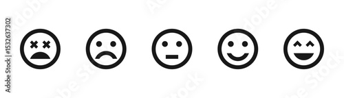 Rating emojis set. Feedback emoticons collection. Very happy, happy, neutral, sad, and very sad emojis. Rating and feedback emojis icon set.
