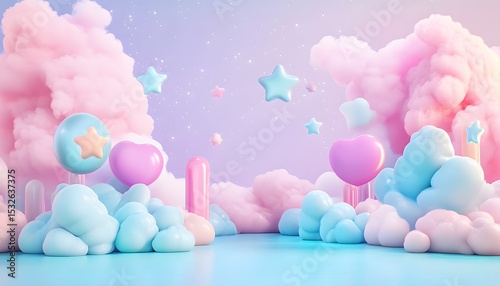 Pastel colored cloud scene with heart and star shapes.