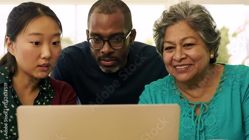 Diverse family smiling as they gather around a laptop together indoors