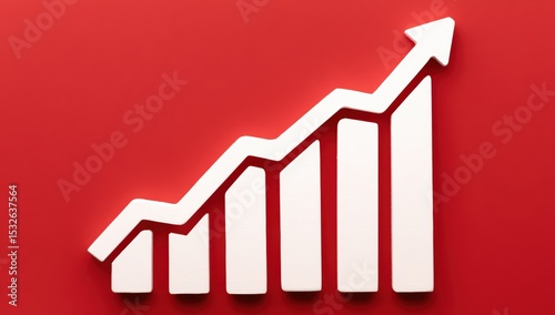 A white upward trending bar graph with an arrow on a red background symbolizing growth and success.