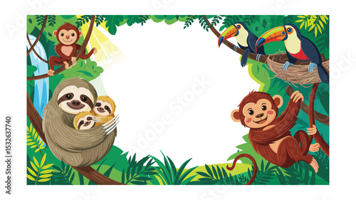 Cute Jungle Animal Cartoon Border: Sloth, Monkeys, Toucans, Leaves, and Waterfall