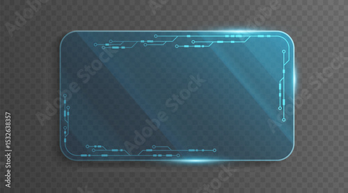 Futuristic glass panel with glowing blue circuit lines for cyber ID card isolated on transparent background. Modern digital dashboard for UI and GUI design. Vector illustration.