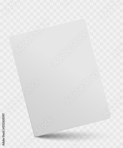 Empty blank gift card mockup with soft shadow and tilted angle isolated on a transparent background. Element for business cards, branding design and graphic template. Vector illustration.