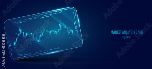 Digital stock market candlestick chart displayed on a glowing 3d glass card. Data graphs and circuit elements for FinTech background. Trading blockchain concept for UI and GUI. Vector illustration.