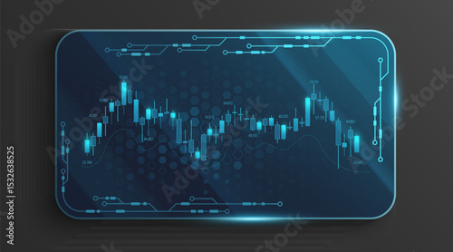 Digital stock market candlestick chart displayed on a glowing 3d glass card isolated on dark transparent background. Data graphs and circuit elements for UI and GUI design. Vector illustration.