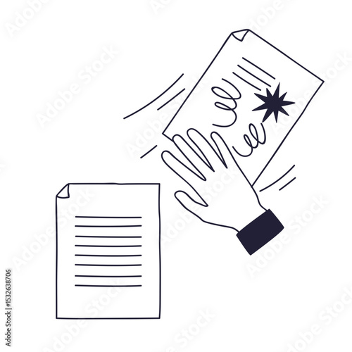 Hand discarding a document with scribbles, keeping a clean, organized one. Symbolizes prioritizing clarity and efficiency.