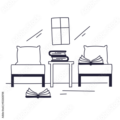 Minimalist illustration of a shared room featuring chairs, books, a table, and a window. Represents a cozy and studious atmosphere.
