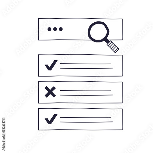 Search results page with a search bar, magnifying glass, check marks and an X mark. Represents search, validation, and data analysis.