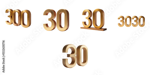 Gold-painted teak numbers 30 3030 300 placed on a transparent background showcasing 3D effect with isolation for clear visibility and detailed structure