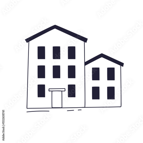 Simple line drawing of a dormitory building. The image features a multi-story building with windows and a door, next to a smaller building. Represents student housing or accommodation.