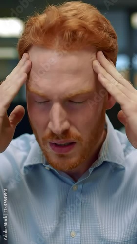 Stressed ginger man massaging temples experiencing head pain eyes closed