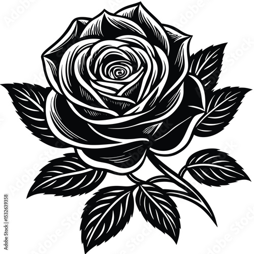 Vintage Rose Flower Vector Illustration – Black and White Floral Art for Tattoo, Design, Decoration, and Romantic Graphics